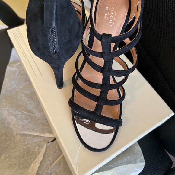 Gently Used Coach Heels - Black Strapped Open Toe with Mirror Accent Tip - Picture 2 of 6